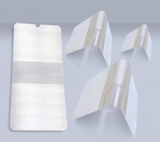 Flat and formed thin metal support plates showing foldable-smartphone manufacturing stages