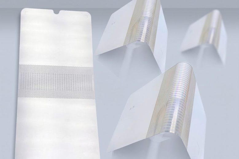 Flat and formed thin metal support plates showing foldable-smartphone manufacturing stages