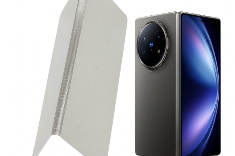 Thin metal support plate shown beside a foldable-phone application for material selection reference