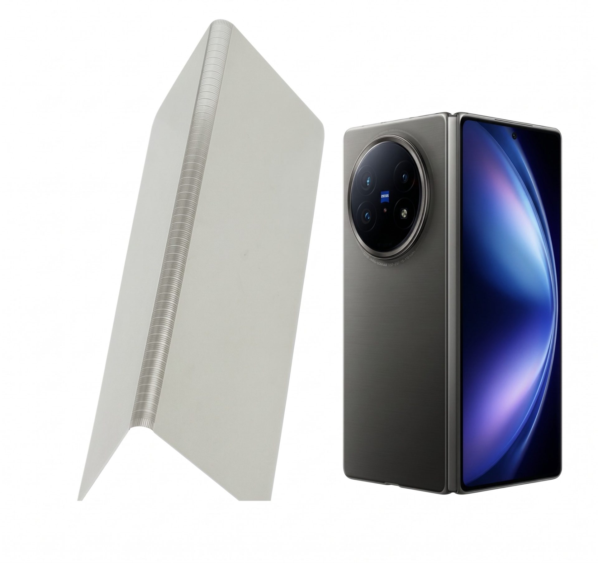 Thin metal support plate shown beside a foldable-phone application for material selection reference