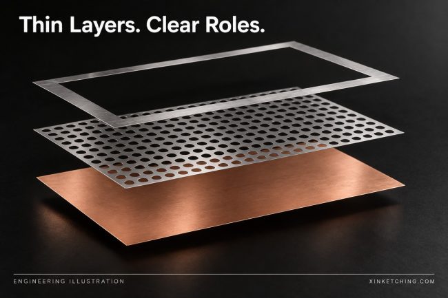 Concept illustration of thin metal spacer and perforated layers, not a complete vapor chamber
