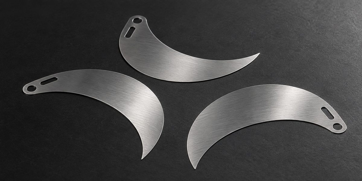 XINKETCHING illustration: Etching or Laser Cutting for Camera Aperture Blades? Three flat thin optical aperture blade blanks