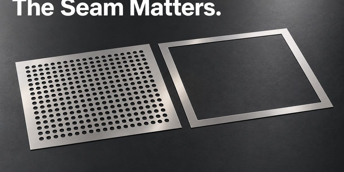 XINKETCHING illustration: Do Smaller Vent Holes Always Make a Better EMI Shield? Flat ventilated sheet-metal blank beside an open perimeter frame