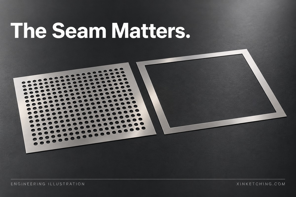 Flat ventilated sheet-metal blank beside an open perimeter frame