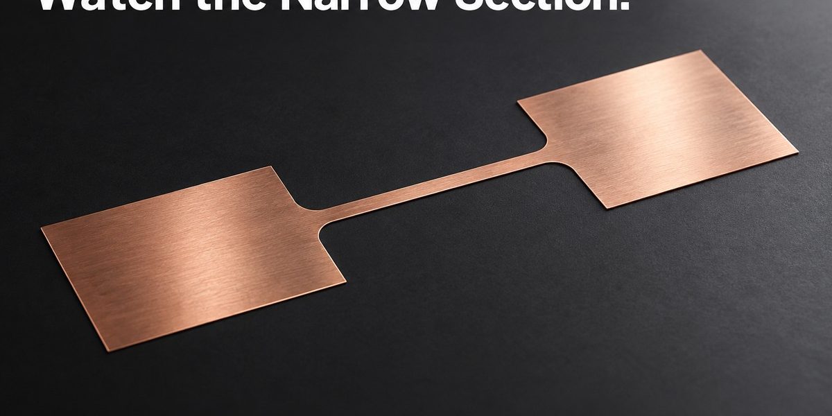 XINKETCHING illustration: How Narrow Can an Etched Copper Current Path Be? Illustrative thin copper conductor with a narrowed central section