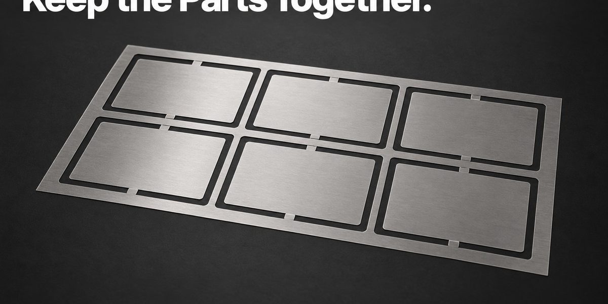 XINKETCHING illustration: Should Thin Etched Parts Arrive Loose or on a Carrier Sheet? Conceptual etched parts retained in a carrier sheet by small tabs