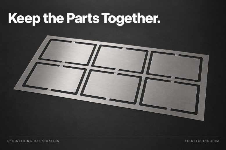 Conceptual etched parts retained in a carrier sheet by small tabs